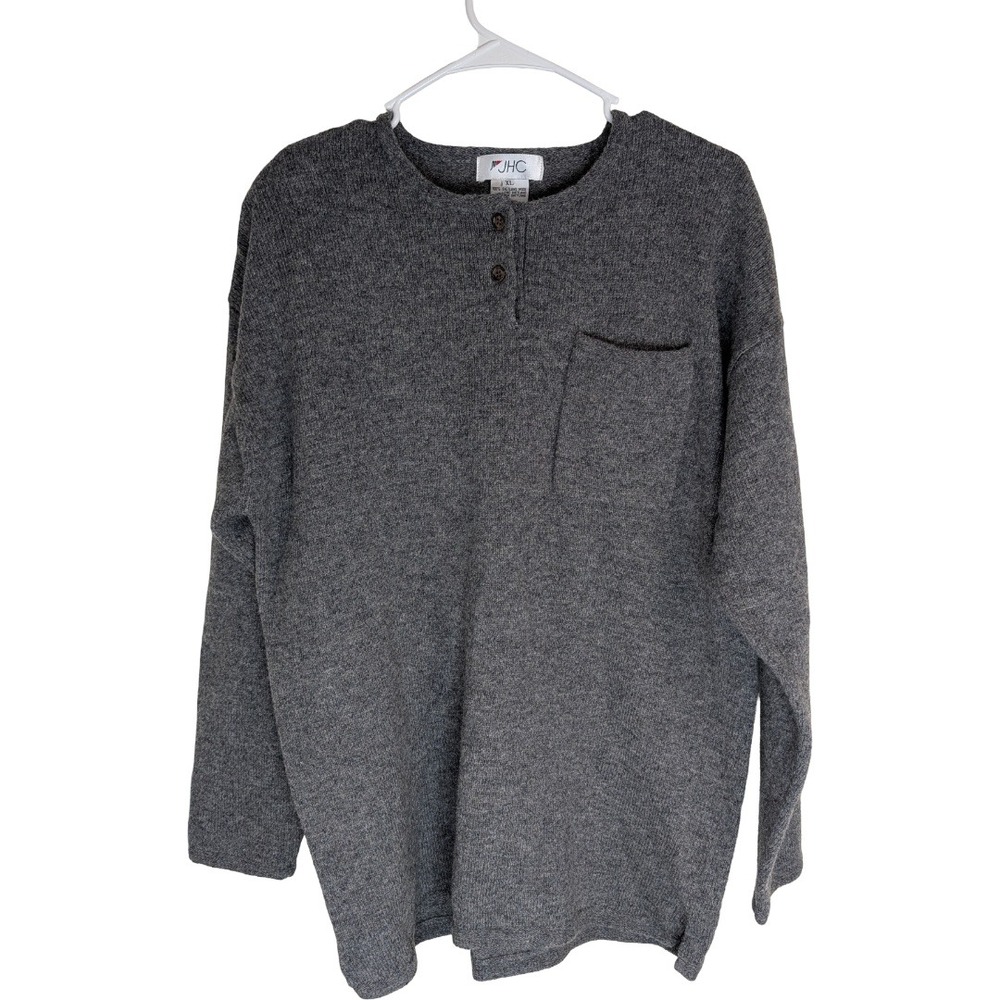JHC‎ Henley Sweater Mens XL Gray 100% Shetland Wool Long Sleeve Pocket 554381